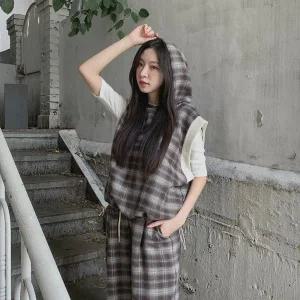 [신세계라이브쇼핑][옷자락] 여자 캐주얼 체크 코튼 루즈핏 후드 베스트
