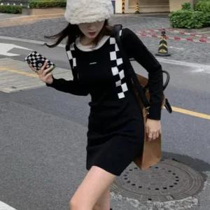 슬림핏 나들이 롱니트티 가을 데일리 간절기 하객룩 날씬핏 니트원피스 체스 미니