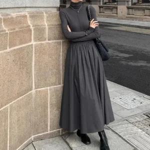 여자 하이넥 그레이 가을 데일리 하객룩 목폴라 긴팔 핀턱 간절기 롱원피스 나들이