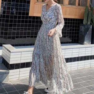 가을 가을 하객룩 원피스 데일리 쉬폰 봄 간절기 나들이 긴팔 브이넥 플라워 롱 패턴