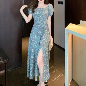 원피스 롱 트임 플라워 A라인 스퀘어넥 퍼프소매