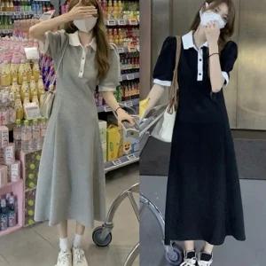 여성 퍼프 배색 셔링 원피스 반팔 니트 청치마 예쁜 롱원피스 프릴 미디 브이넥 카라