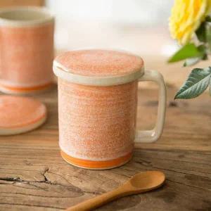 이천도자기 오렌지 뚜껑 머그컵 430ml 투톤 물컵 도자기 컵