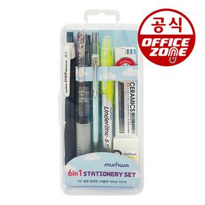 오피스존 / 문화연필 6in1 문구 선물 필기류 세트 샤프 3색 볼펜 형광펜 샤프심 지우개 펜케이스 필통 멀티