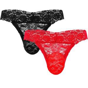빈사틴 2pcs 시시 남성용 통 속옷 레이스 프릴리 쉬어 메시 비키니 브 G-스트링 팬티 남성, 블랙, 레드