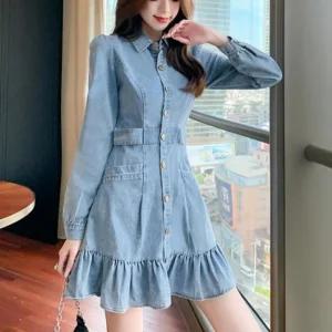원피스 앞단추 데님 프릴청원피스 프릴 긴팔 슬림핏 청