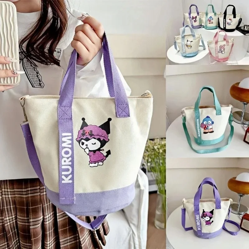 Sanrio 헬로 키티 Kuromi 캔버스 숄더 백 Kawaii Anime Print 소녀를위한 경량 크로스 바디 지갑