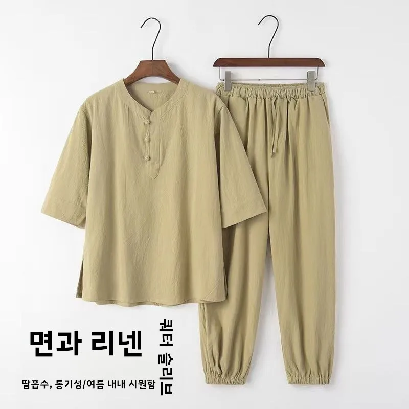 코튼 린넨 캐주얼 루즈핏 여름 얇은 긴 바지 7부 소매 탑과 하의 투피스 세트 남성복 가을 시즌