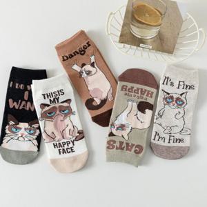창의적인 귀여운 만화 고양이 패턴, 편안한 통기성 발목 짧은 여성 양말, 용수철 여름 데일리 세트, 5 쌍
