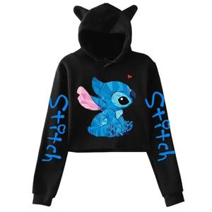 Kawaii lilo and Stitch 디즈니 까마귀 자르기 탑 여성 운동복 키즈 소년 소녀 하라주쿠 streetwear 의류 ​​후드 자른
