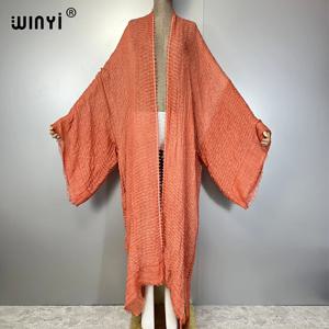 WINYI 비치 기모노 카프탄 비치웨어 카디건 섹시 이브닝 드레스 아바야 두바이 럭셔리 커버업 비치 의상 여성 맥시 코트