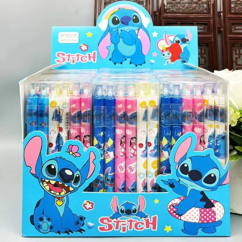 디즈니 스티치 젤 펜 12pcs 만화 새로운 프레스 펜 검정 물 잉크 0.5mm 귀여운 서명 펜 편지지 학생 선물
