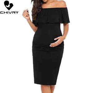 Chivry 임산부 드레스, 반팔 슬래시 넥, 솔리드 러플, 임산부 의류, 패션
