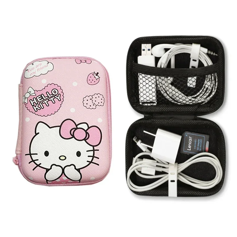 Kawaii 헬로 키티 데이터 케이블 충전기 정렬 보관 가방 소녀 만화 여행 휴대용 화장품 보석 보관 보호 케이스