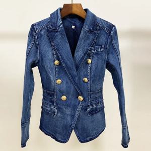 HIGH STREET 새로운 패션 2024 디자이너 블레이저 자켓 여성용 메탈 라이온 버튼 더블 브레스트 데님 블레이저 아우터 코트