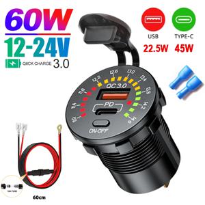LED 전압계 ON OFF 스위치가있는 45W 듀얼 USB 충전기 소켓 QC3.0 PC 유형 C 12V/24V 차량용 방수 USB 콘센트 고속 충전기