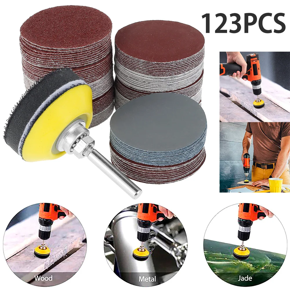 120Pcs 50mm 사포 구색 60-3000 그릿 샌딩 디스크 패드 세트 드릴 그라인더 용 2 인치 디스크 폴 쿠션이있는 로타리 도구