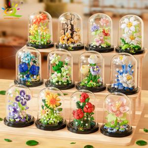 HUIQIBAO MOC 영원한 꽃다발 디스플레이 상자 마이크로 빌딩 블록 꽃 모델 DIY 홈 데스크 식물 장식 벽돌 장난감 Childre