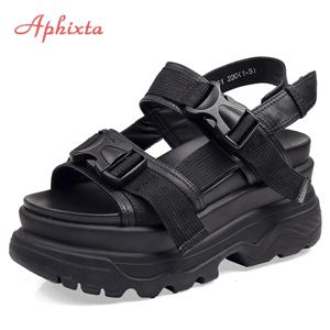 Aphixta 8cm 플랫폼 샌들 여성 웨지 하이힐 신발 여성 버클 가죽 캔버스 여름 Zapatos Mujer 웨지 여성 샌들