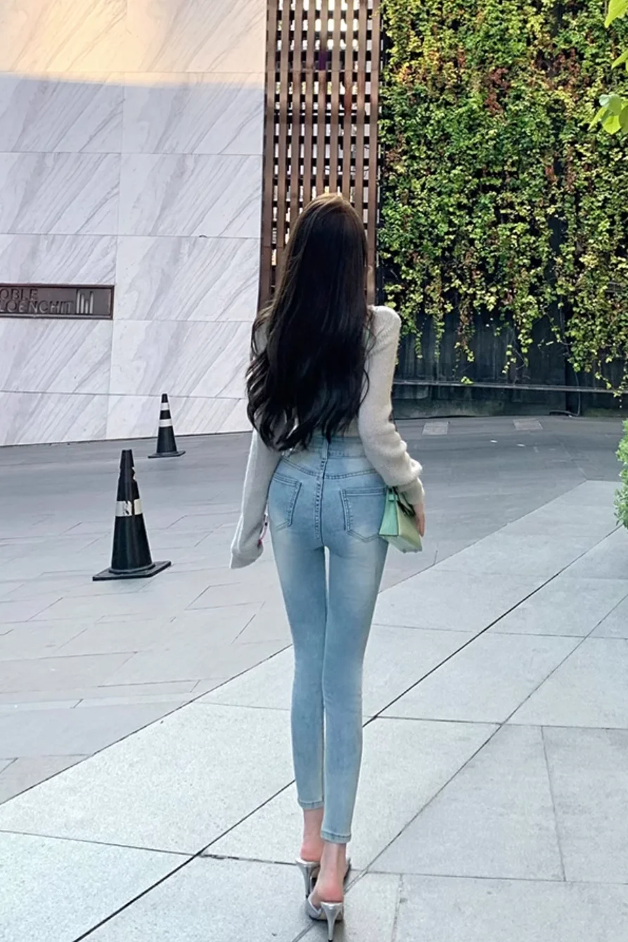 하이 웨이스트 슬림 피트 청바지 와이드 힙 스키니 블루 레트로 세련된 다목적 코튼 스트레치 봄 여름 여성 연필 바지