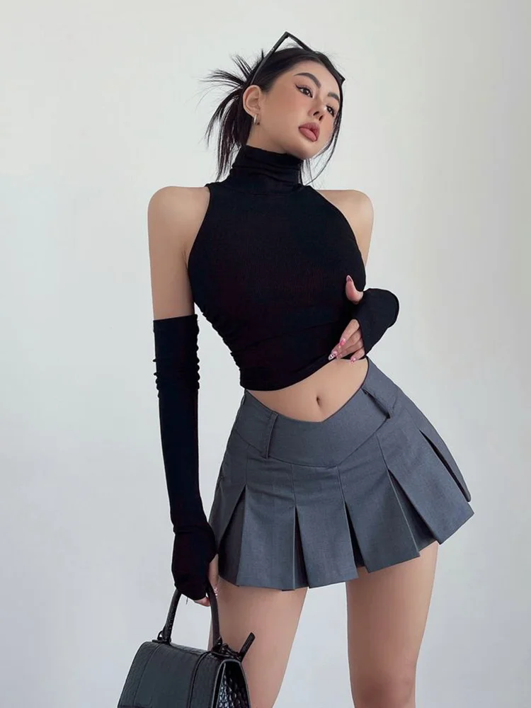 봄 여름 탑 섹시한 탱크 탑 매운 소녀 슬리브 하이 넥 플리츠 클럽 자르기 탑 여성 티셔츠 스키니 streetwear y2k 의류