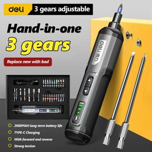 델리 전기 스크루 드라이버 3 단 대형 토크 무선 2000mAh 배터리 드릴 4V 전동 공구 세트 가정용 유지 보수 수리