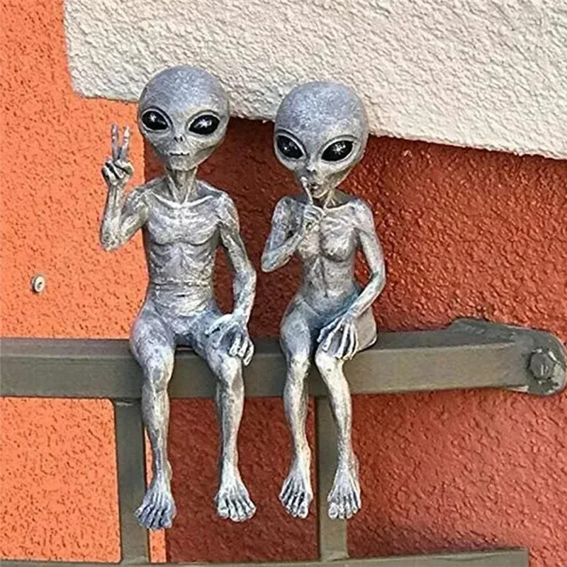 재미 있은 수 지 외계인 동상 야외 정원 장식 UFO 난쟁이 조각 데스크탑 홈 장식 할로윈 크리스마스 장식품
