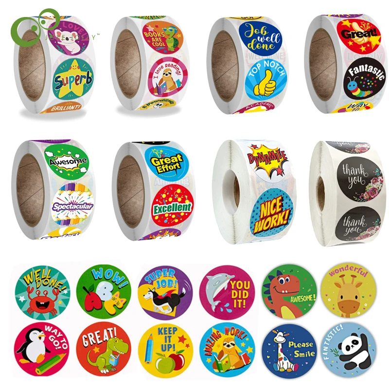 500pcs/roll 보상 스티커 어린이를위한 격려 스티커 학생을위한 귀여운 동물과 동기 부여 스티커 교사 GYH