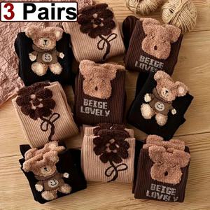 1 3 6 쌍 여성용 만화 곰 중간 길이 양말 - 패션 3D 프린트 레터 부드럽고 편안한 캐주얼 크루 양말 EU 35-40
