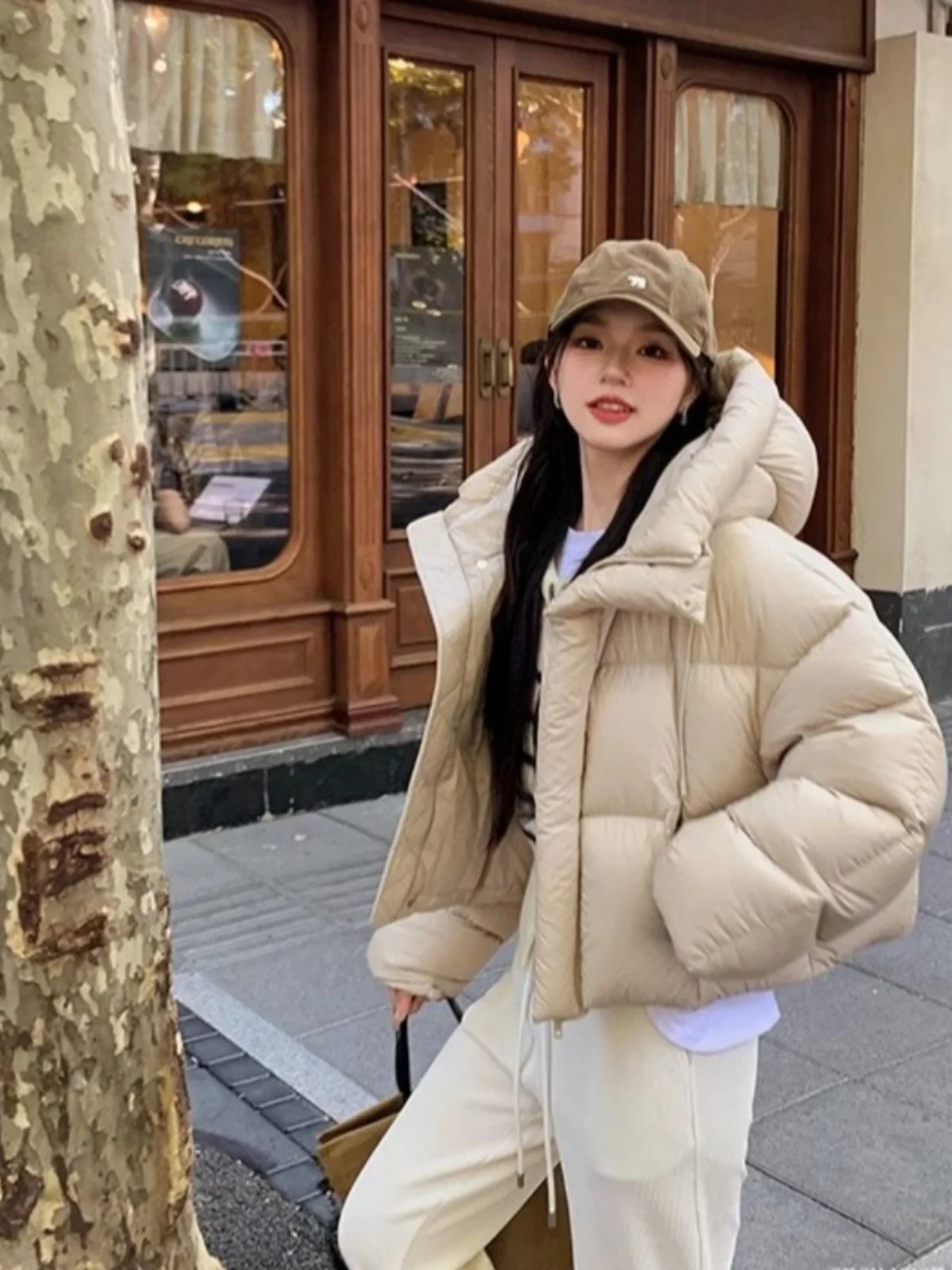 트렌디 한 아메리칸 스타일 짧은 코튼 자켓 여성 겨울 패션 디자인 감각 모자 코튼 의류 한국어 버전 루즈 피트