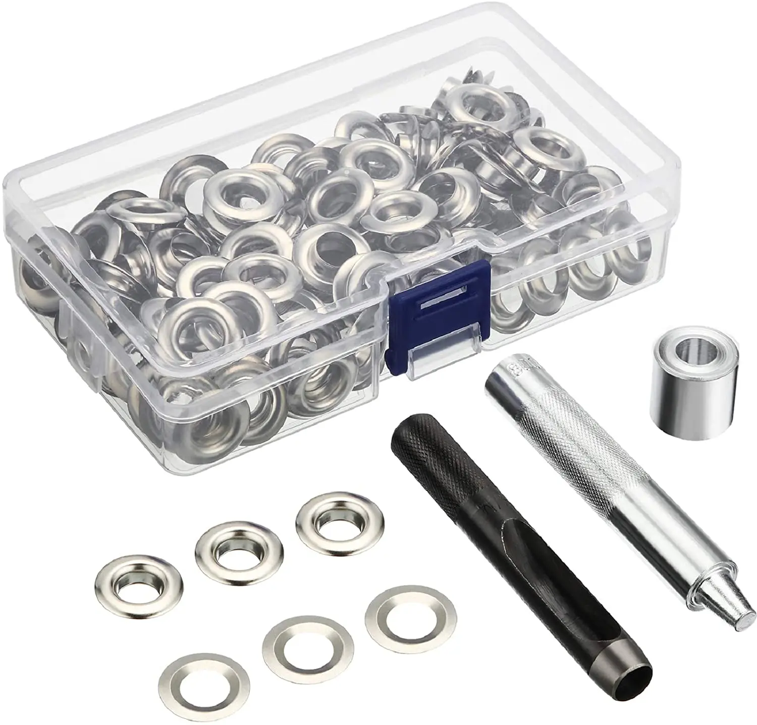 그로멧 도구 키트 100 세트, 그로밋 구멍 6mm 10mm 12mm 14mm 내경 실버 의류 신발 가방 가죽 공예 DIY