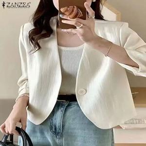 여성용 캐주얼 루즈 슈트, 단색 단추 브이넥 코트, 얇은 카디건, 우아한 심플 3/4 소매 아우터, 한국 패션, 2024 가을