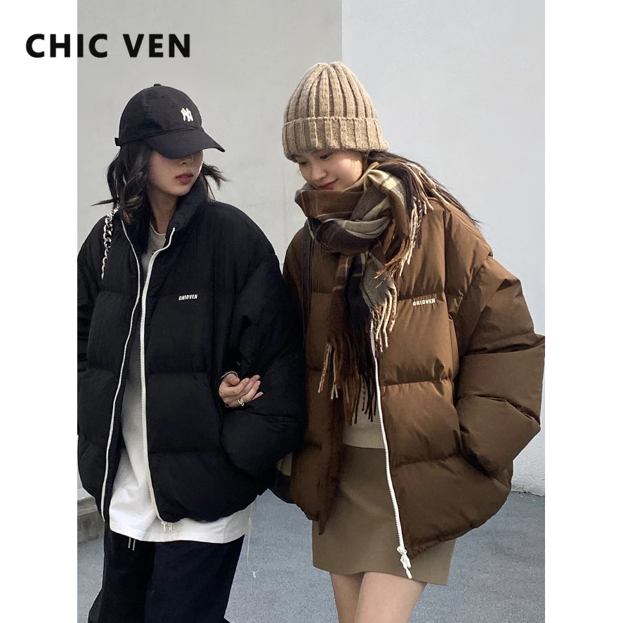 CHIC VEN 여성용 솔리드 90 화이트 덕다운 스탠드 칼라 다운 재킷 따뜻한 여성용 오버코트 2024 가을 겨울