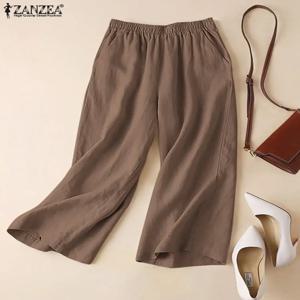 ZANZEA 여름 여성 바지 코튼 린넨 신축성있는 허리 와이드 레그 바지 캐주얼 경량 솔리드 Palazzo Pantalones de Mujer 2025