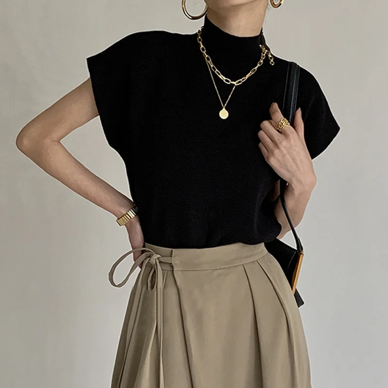 패션 조끼 셔츠 솔리드 스탠드 업 칼라 니트 스웨터 반팔 Office Lady Loose Elegant All-Match Straight Tops