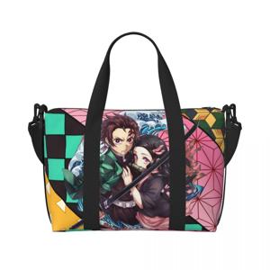 맞춤형 귀멸의 칼날 애니메이션 만화 비치 토트백 여성용, 카마도 탄지로 네즈코 큰 구획 체육관 해변 여행 가방