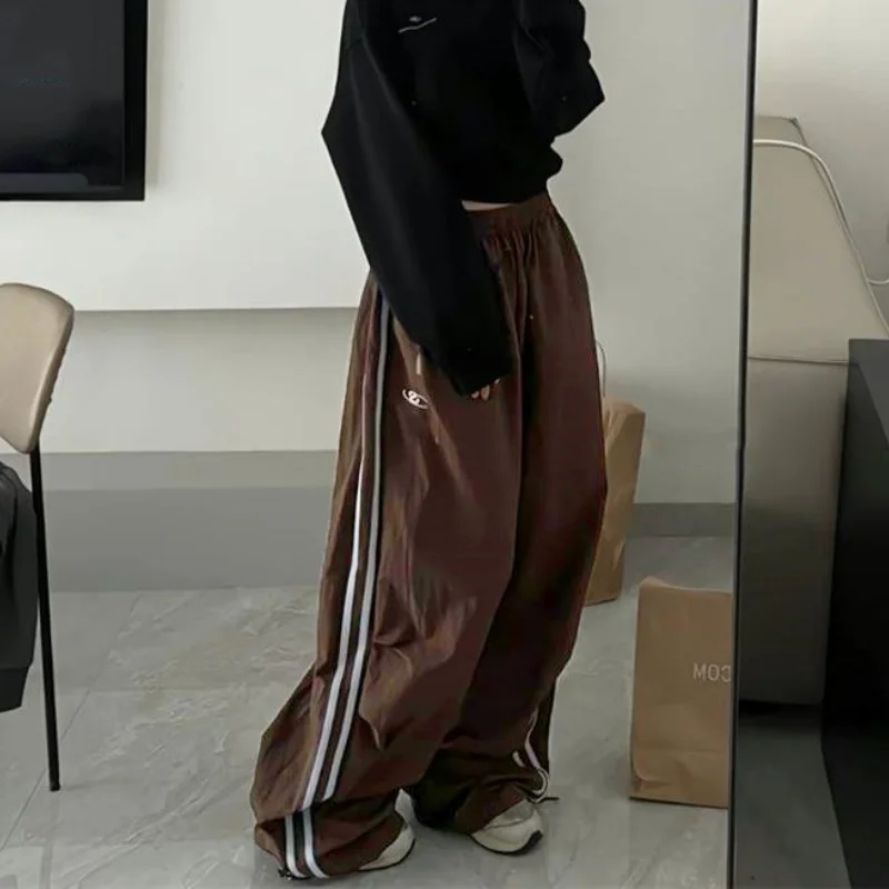 레트로 SweatPant 대형 헐렁한 바지 패션 여성 스트라이프 탄성 허리 포켓 넓은 다리 바지 streetwear 빈티지 y2k 바지