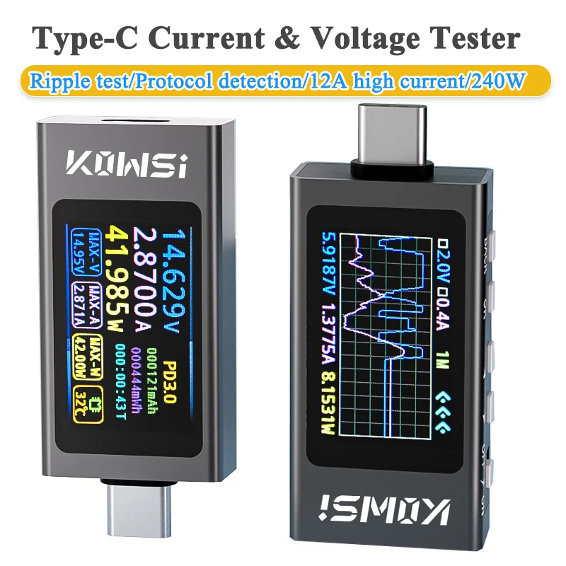 KWS-X1 4V-30V 12A 유형 C 테스터 전압계 전류계 TYPE-C 고속 충전 감지 트리거 용량 측정 리플 측정