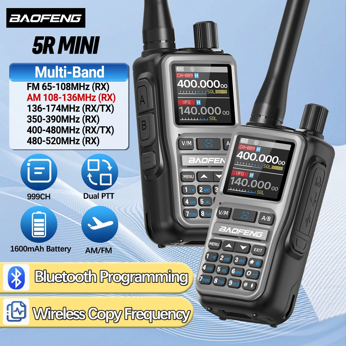 바오펑 UV-5R 미니 무전기 멀티 밴드 블루투스 프로그래밍 무선 복사 주파수 999CH AM FM 장거리 양방향 무전기