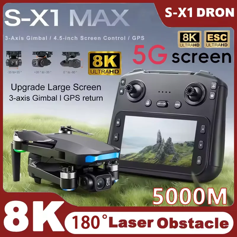 S-X1 새로운 5G GPS 8K HD EIS 카메라 드론(스크린 포함) 3축 손떨림 방지 짐벌 8K 공중 브러시리스 드론 RC 쿼드콥터 미니 UAV