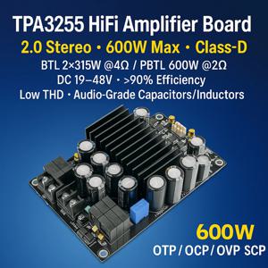 TPA3255 HiFi 디지털 앰프 보드 600W 2.0 스테레오 파워 앰프 모듈 48V 클래스 D 315W+315W DIY 오디오 DC