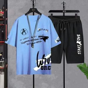 남성용 캐주얼 반팔 티셔츠 및 반바지 세트, Y2K 운동복, 오버사이즈 O넥 프린트 티셔츠, 2 피스 세트, 여름