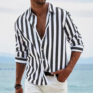 봄가을 신상 남성 컬러 직조 스트라이프 캐주얼 루즈핏 긴팔 셔츠 남방 상의 100% 폴리에스터 마이크로프로젝틸