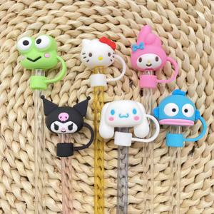 Sanrio 실리콘 빨대 귀여운 헬로 키티 멜로디 밀짚 캡 만화 Cinnamoroll Kuromi 재사용 가능한 워터 컵 밀짚 먼지 캡