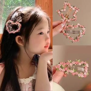 여자를위한 핑크 수 놓은 꽃 머리핀 어린이 헤어 클립 앞머리 사이드 헤어 액세서리 바레트