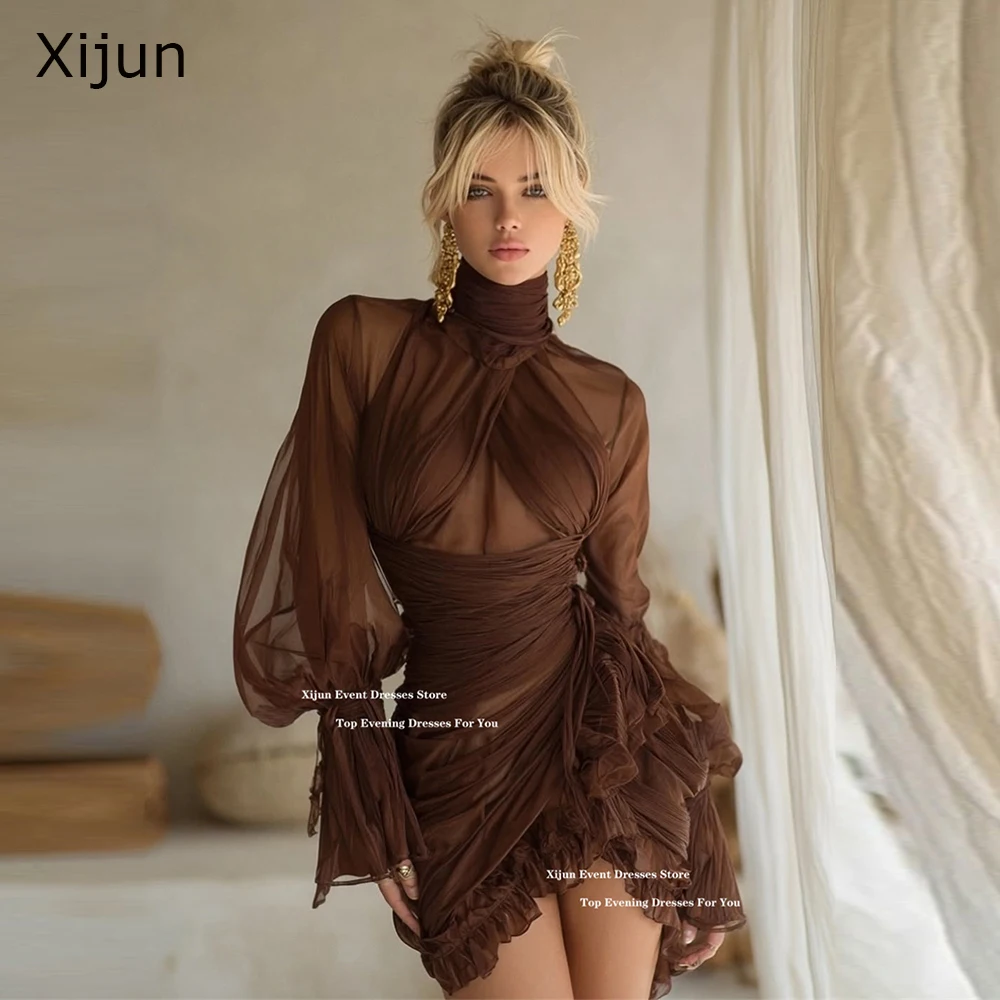 Xijun 현대 갈색 짧은 이브닝 드레스 쉬폰 풀 슬리브 높은 칼라 칵테일 드레스 Pleated 생일 파티 가운 Customiz