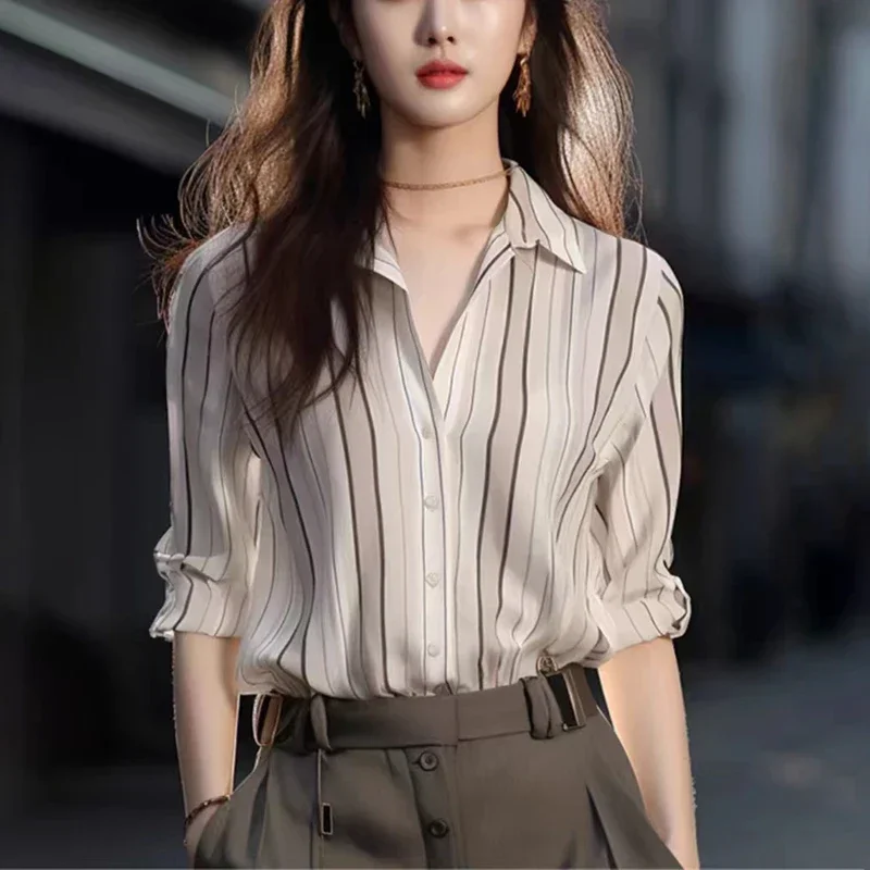 여성용 스트라이프 셔츠 빈티지 블라우스, 2024 패션, 용수철 가을, 캐주얼 여성 의류, 느슨한 우아한 셔츠