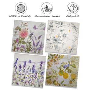 20pcs 로즈-라벤더 꽃다발 나비 레몬 모듬 꽃 장식 칵테일 종이 냅킨 33x33cm 3Ply 데쿠파주 냅킨