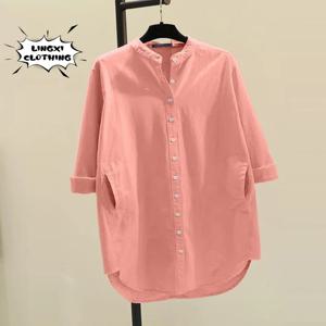 여성용 우아한 솔리드 코튼 린넨 셔츠, 싱글 브레스트 라운드 넥, 캐주얼 통근 스타일, 중간 길이 셔츠, 신상 패션