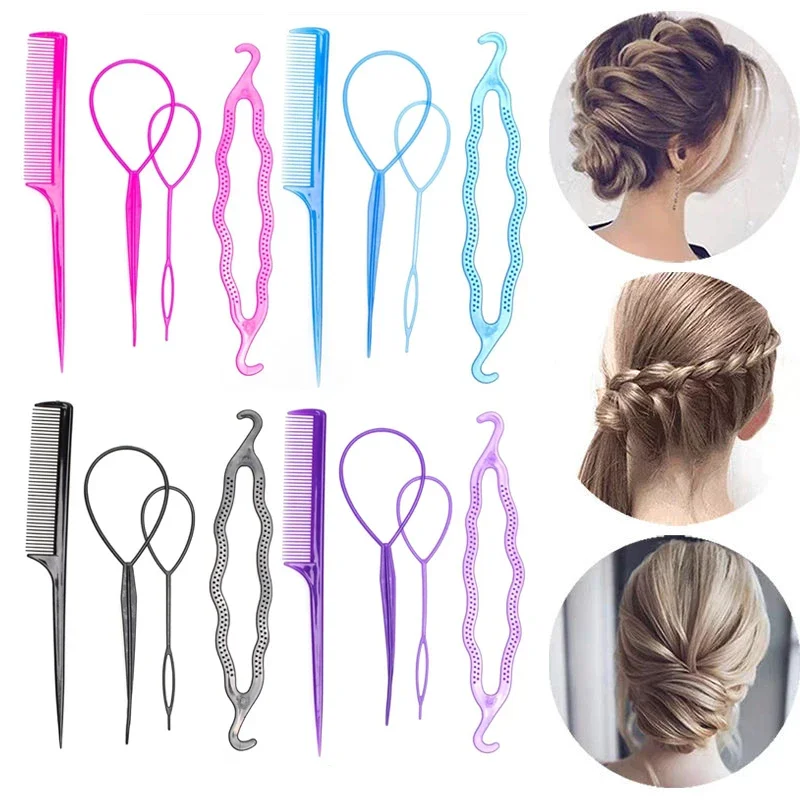 4Pcs 세트 헤어 디스크 당겨 헤어 핀 클립 여자를위한 빗 헤어 스타일링 도구 키트 Braiding Donut Bun Maker Hairdressing 액세서리